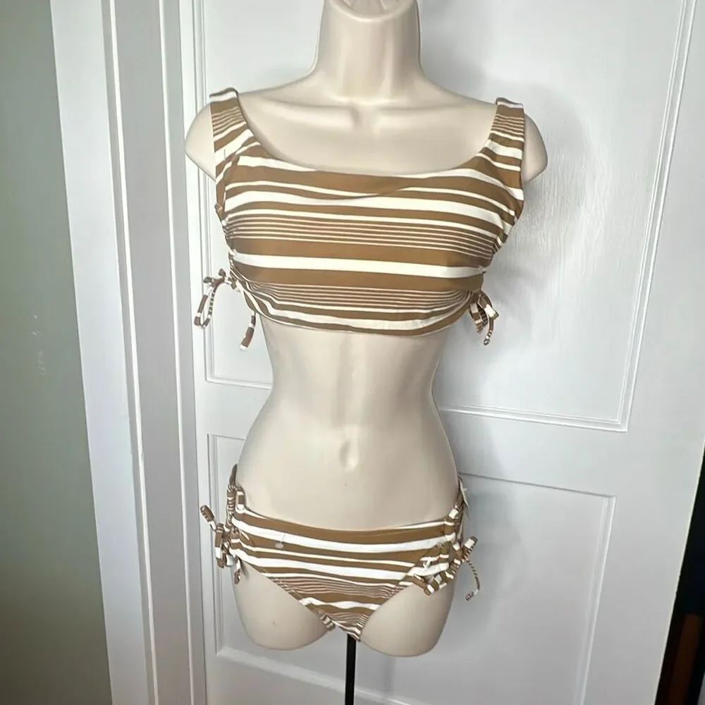 Aerie Two-Piece Ruched Bikini Brown/White Striped M/L Nwt
